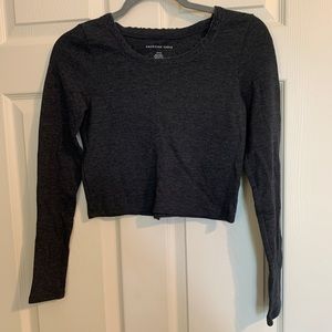 American Eagle Outfitters- Dark Grey Long Sleeve Crop Top with Lace Trim- Size S